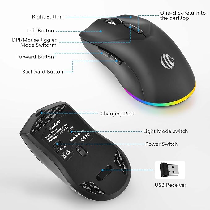 Wireless Bluetooth Mouse, Rechargeable USB Optical Mouse, 3 Adjustable DPI, LED Silent Dual Mode(Bluetooth 5.2 and 2.4G) Wireless Mouse for Laptop, PC, Mac，Ipad，Wide Compatibility. (Black)