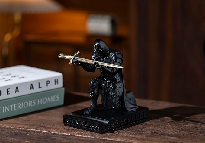 Medieval Templar Vanguard Officer Knight Pen Holder Desk Organizers Black | Pencil Stand Paperweight Desktop Decoration Accessories Cell Phone Stand with a Fancy Sword for Medieval Warrior Enthusiast