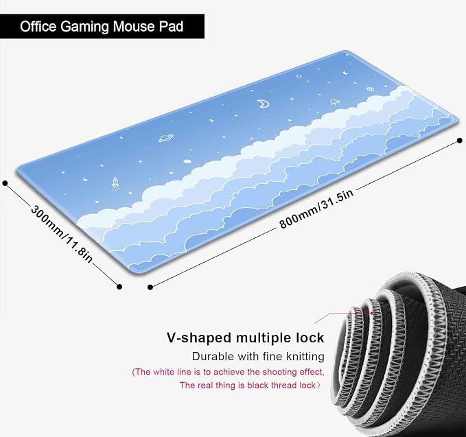 Cute Pastel Blue Desk Mat, Minimalist Large Gaming Mouse Pad Mousepad for Laplop, Kawaii Anime Desk Pad, Gradient White Clouds Computer Pads, Aesthetic Stars Moon Deskpad, 31.5 X 11.8 Inch