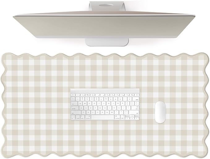 Scalloped‌ Beige Checkered Gingham Desk Mat Cute Pastel Large Mouse Pad Kawaii Cottagecore ‌Vintage‌ Rustic Keyboard Pad Computer Mat for Desktop Aesthetic Cozy Office Desk Decor