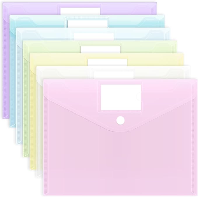 EOOUT 7pcs Plastic Envelopes, Plastic File Folders for Documents, Hook & Loop Closure File Folders with Label Pocket A4 Size for School and Office Supplies