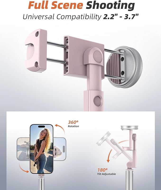 Phone Tripod & Selfie Stick with Remote, Portable, Lightweight for Video Recording Vlog, Extendable Travel Tripod Stand Compatible with iPhone Android, Pink, 62"