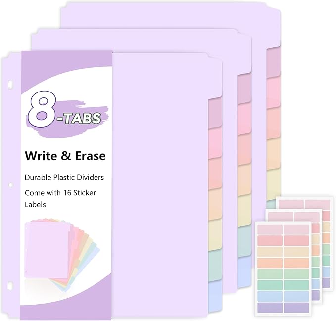SKYDUE Durable Plastic 8-Tab Dividers,3sets,Big Tab Dividers for 3 Ring Binder, Write&Erase 3 Ring Binder Dividers with Tabs,with Sticker Labels，Purple
