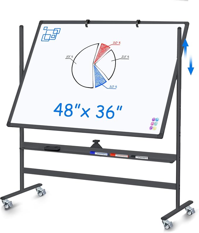Maxtek Rolling White Board on Wheels 48x36 in, Double-Sided Magnetic Black | Mobile Dry Erase Board with Stand, Aluminum Frame Easel, Reversible Writing Surface for Office, Classroom School Homeschool