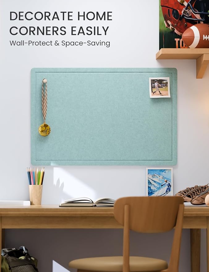 Fluxynara 35.4" x 23.6" Bulletin Board, Aqua Blue | Cork Board Alternative with 12 Removable Adhesive Tabs, Foldable Felt Pin Board for Home, Office, Classroom & Dorm
