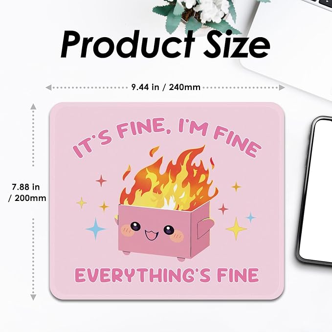 Mouse Pad with Stitched Edges - Funny Mousepad for Women, 9.25 x 7.75 inch Washable Square Desk Pad, Non-Slip Rubber Base, Office Home Laptop Accessories - Pink Box on Fire