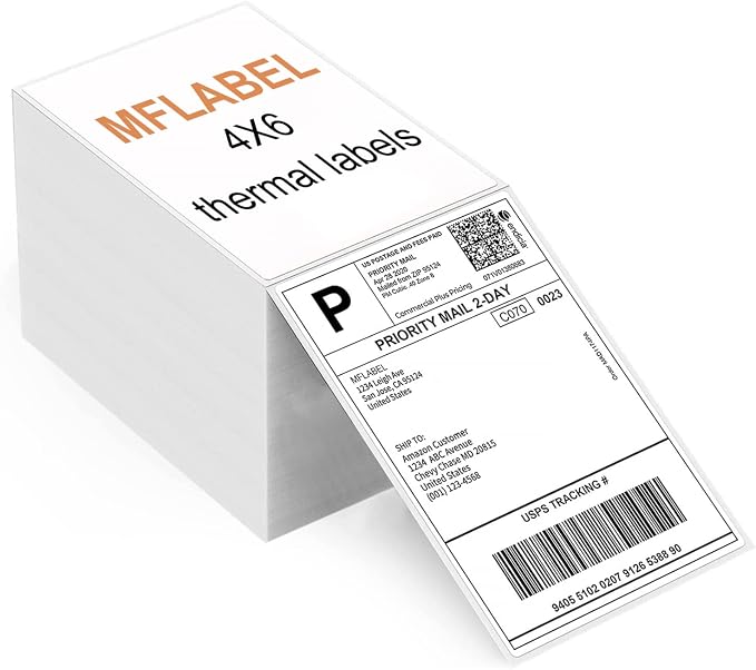 MFLABEL 4x6 Direct Thermal Labels (48000 Labels) 4" x 6" Perforated Shipping Labels Compatible with Zebra Printers Fanfold Thermal Label Stickers for Shipping Packages - 48 Stacks White Labels
