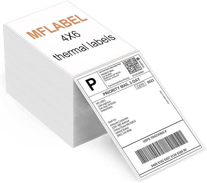 MFLABEL 4x6 Direct Thermal Labels (24000 Labels) 4" x 6" Perforated Shipping Labels Compatible with Zebra Printers Fanfold Thermal Label Stickers for Shipping Packages - 24 Stacks White Labels
