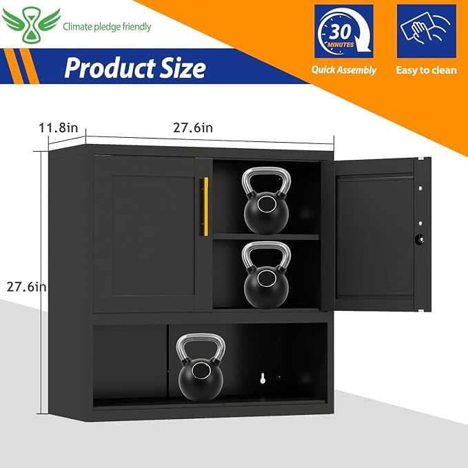GAIOUS Metal Garage Wall Cabinet with Lock, Wall Mounted Steel Tool Cabinet | with Door and Shelf, Medicine Cabinet with Open Area, Hanging Cabinet for Garage Warehouse Bathroom Kitchen, Black