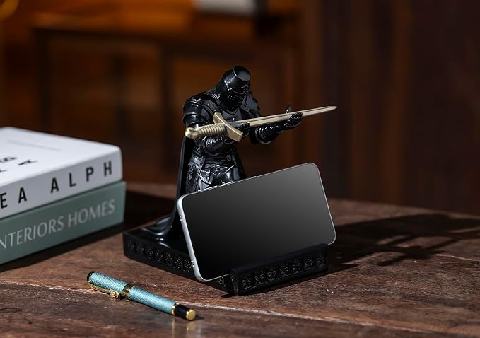 Medieval Templar Vanguard Officer Knight Pen Holder Desk Organizers Black | Pencil Stand Paperweight Desktop Decoration Accessories Cell Phone Stand with a Fancy Sword for Medieval Warrior Enthusiast