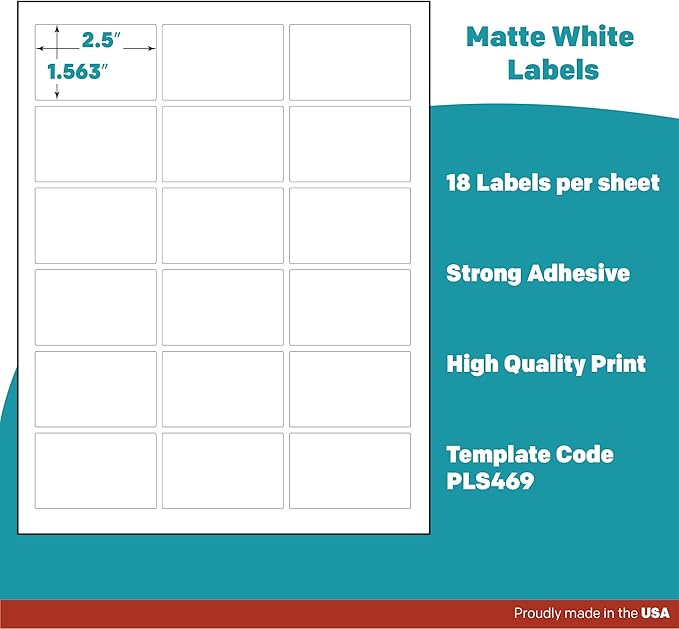 Premium Label Supply White Sticker Rectangle Labels – 2.5" x 1.563" – Laser/Inkjet Compatible – (18 per Sheet), 100 Sheets – 1,800 Total Adhesive Labels