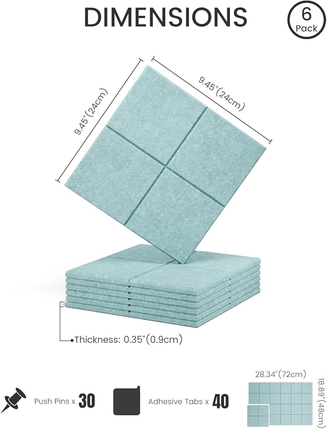 Fluxynara Felt Bulletin Board Tiles -28"x18" Cork Board Alternative for Office Decor, Push Pin Board Wall Organizer 6-Pack - Seafoam Blue