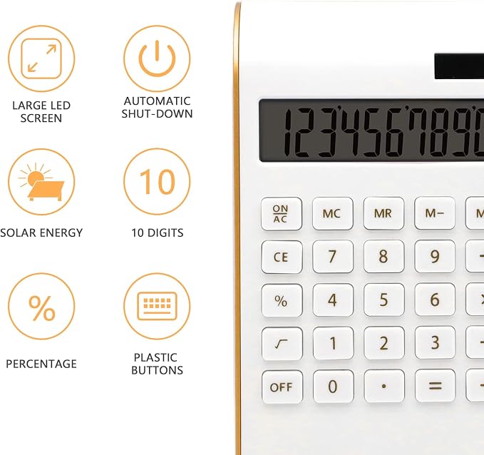 Gold Calculator, Cute Solar Calculator for Desk, Gold Desk Accessories | 10 Digits LCD Display, Gold Desk Calculator, Palm-Sized Portable Design for Office&School, Dual Powered Pocket Calculator