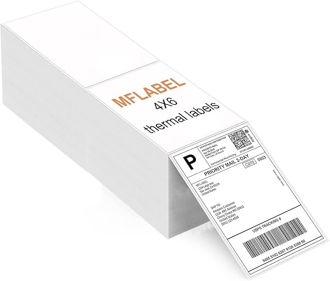 MFLABEL 4x6 Direct Thermal Labels (16000 Labels) 4" x 6" Perforated Shipping Labels Compatible with Zebra Printers Fanfold Thermal Label Stickers for Shipping Packages - 8 Stacks White Labels