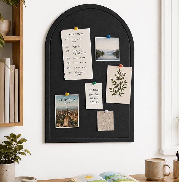 Large Arched Felt Bulletin Board, Sized 36" x 24" for Office & Wall Decor – 6 Customizable Adhesive Tiles with Pins are Perfect to Display Your Photos (Black-B)