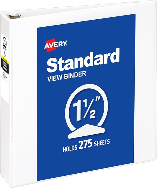Avery Standard View 3 Ring Binder, 1.5" Round Rings, 275-Sheet Capacity, 2.1 Inch Wide Spine, 1 White Binder, Ideal for Lightweight Organization and Occasional Referencing (05726)