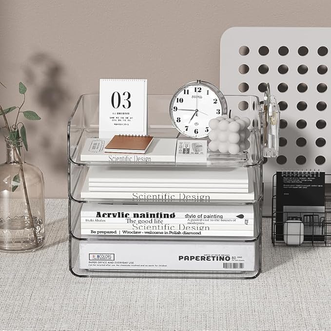 4-Tier Horizontal Acrylic Paper Tray Organizer with Pen Holder | Clear Stackable Desk Organizer for Documents, Letters, A4 Paper | Modern Office/Classroom/Home Organization