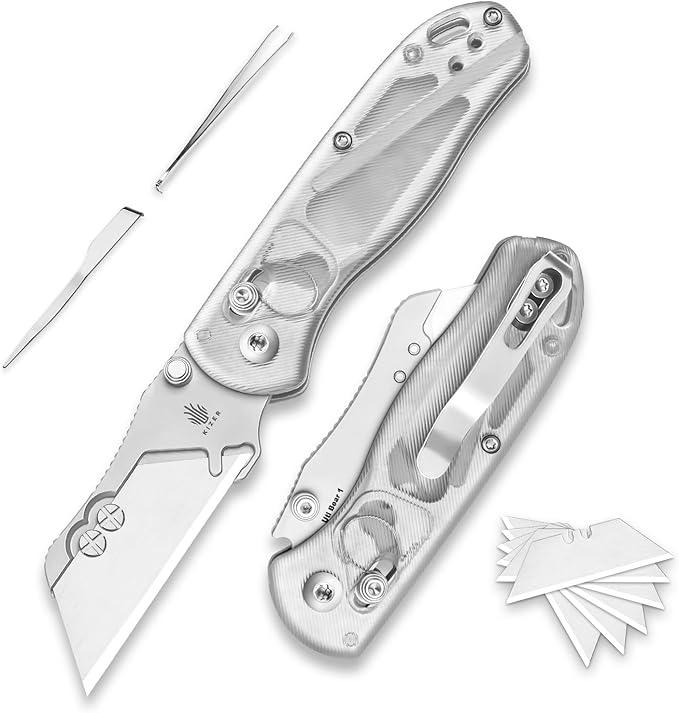 Kizer Uti Bear(New Dual-screw Version) Folding Utility Knife, Clutch Lock Box Cutter EDC Pocket knife with 5PCS Razor Blades, Pocket Knives with Pocket Clip for Men Women V3619JA5