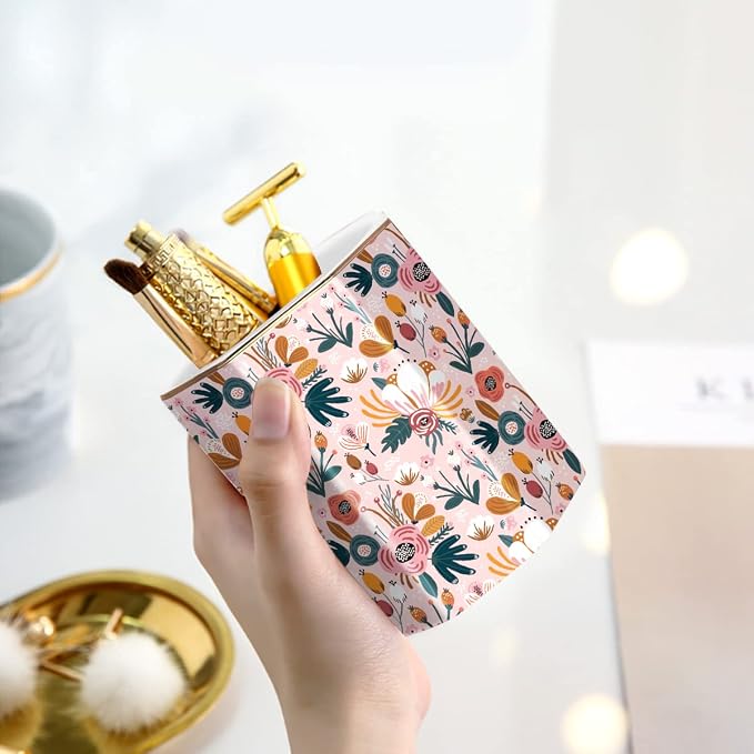 Ceramic Floral Pen Pot, Colored Pencil Container Cute Decor for Room, Office, School, University, Makeup Brush Holder for Girl Women Adult Teen Gift, Pink Flower