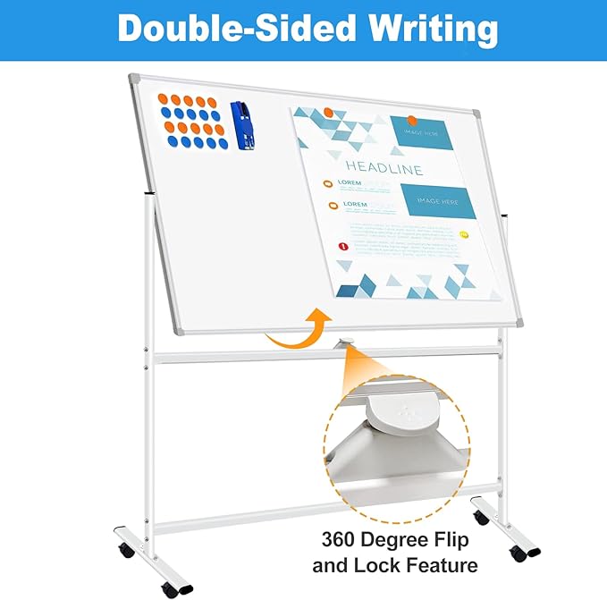 Mobile White Board with Stands 40"x28", Double-Sided Rolling Whiteboard on Wheels Magnetic Dry Erase Board with Stand Portable Standing White Board for Classroom, Office, Home