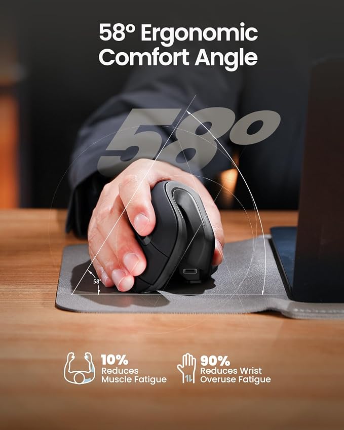 ProtoArc EM11 NL Wireless Ergonomic Vertical Mouse, Rechargeable, Gray | 58° vertical design supports a natural wrist posture, connect 3 devices via Bluetooth/2.4G USB-A, 500mAh USB-C rechargeable.