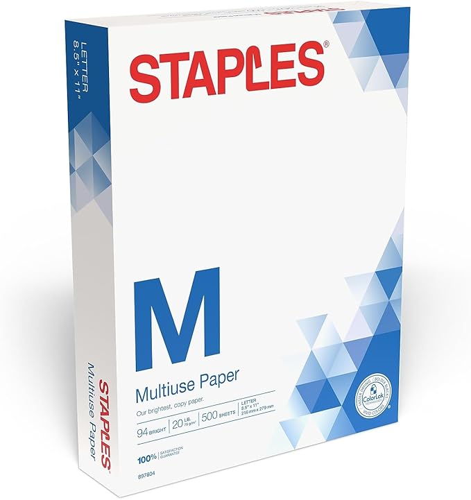 Staples Multipurpose Copy Printer Paper, 20 lb, 8.5 x 11 Inches, 1 Ream, 94 Bright, White