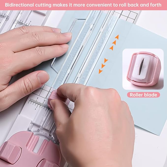 Paper Cutter,4-in-1 Paper Trimmer,Photo Cutter,Multi-Function Scrapbooking Tool with Dial Blades of Straight,Wave,Perforated,Creasing for Cutting Paper,Coupons,Postcards,Card (Pink)