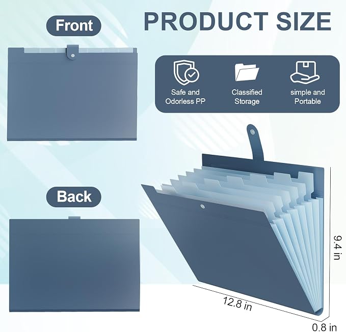 20Pack Accordion File Organizer Expanding File Folder with 8 Pockets, Bulk Letter Size Portable Paper Document Organizer for Office Home Business Supplies, Blue