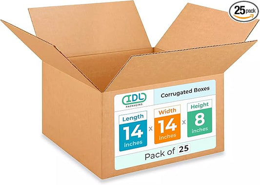 Medium Moving & Shipping Boxes 14"L x 14"W x 8"H (25-Pack) - Extra Strength 200 lb vs Regular - USA-Made Corrugated Strong Cardboard Boxes - Heavy Duty Packing and Moving Box by IDL Packaging