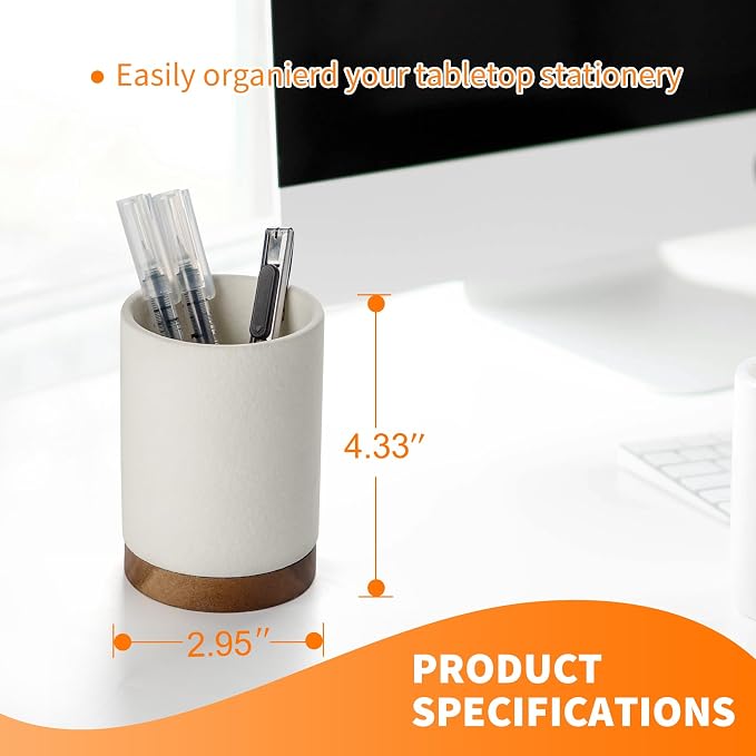 Ceramic Pen Holder for Desk, Pencil Cup, (White,Set / 2) | Organizer and Makeup Brush Holder, Office Decor and Desk Accessories，Perfect Office Organization,Teacher Supplies
