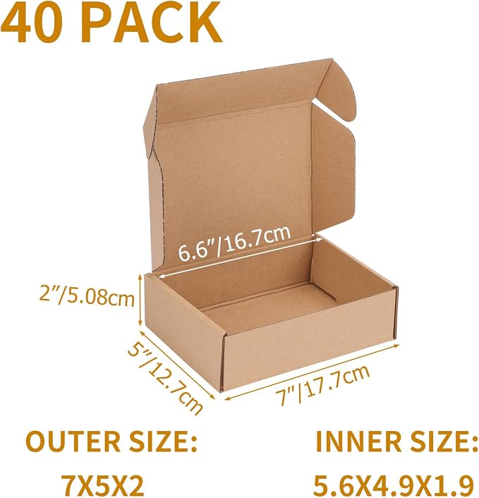 PHAREGE 40 Pack 7x5x2 inch Small Shipping Boxes, Brown Mailing Boxes | Tuck Top, Quick Fold, Easy Assemble, Shape Well, Single Corrugated, DIY Cardboard, Phone, Card Shipping, Business Packaging