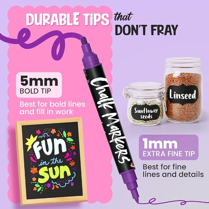 Chalkola Dual Tip Liquid Chalk Markers for Blackboard, Chalkboard, Window | (10 Pack, 1mm+5mm Fine, Bold Tip, w/ Gold Silver) - Wet Erase, Erasable Chalk Pens for Car Windows, Calendar, Glass, Board