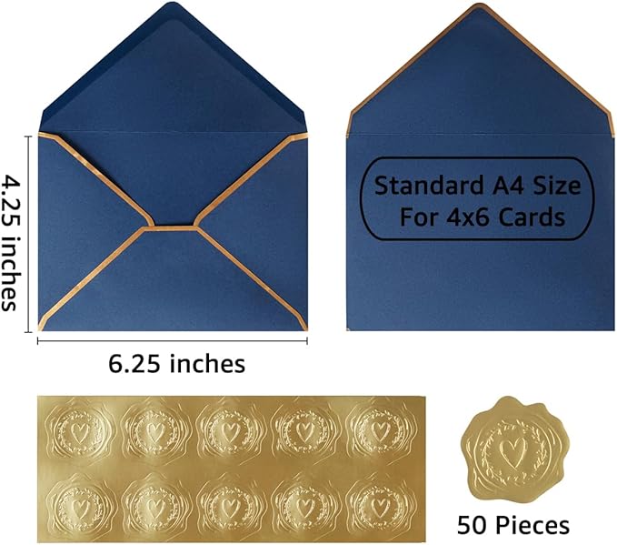 50 Pieces Navy Blue A4 Envelopes with Gold Border, 4.25x6.25 Inches Envelopes with Gold Stickers for Greeting Cards and Invitation (A4-4x6)