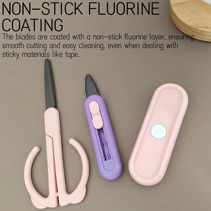 Magnetic Scissors and Box Cutter Set - Retractable Utility Knife with Serrated Blade, Non-Stick Fluorine Coating, Safe and Always Handy for Kitchen and Office Use (Pink Purple)