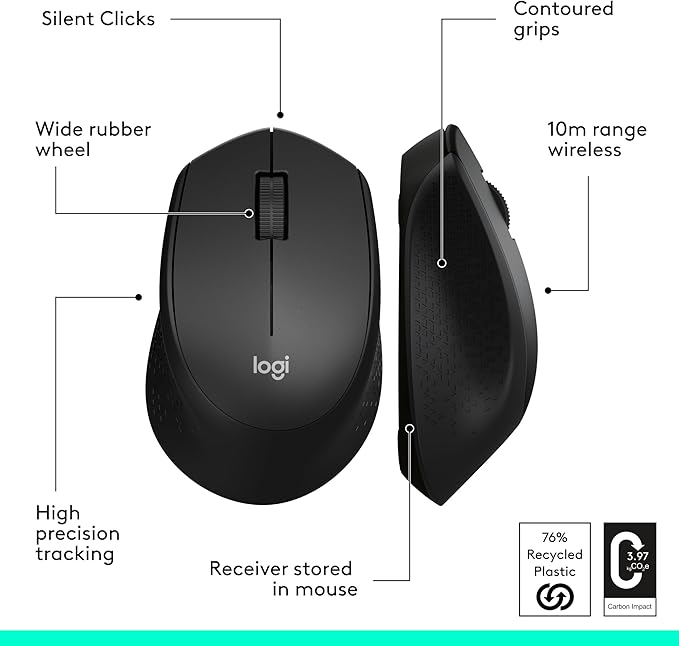 Logitech M330 Silent Wireless Mouse, 2.4GHz with USB Receiver, Optical Tracking, Quiet & Lightweight, Long Battery Life, for PC, Mac, Laptop, Chromebook - Black