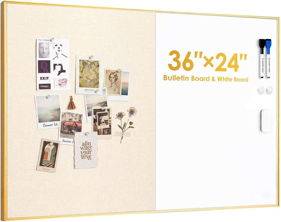 Dry Erase Cork Board Combo | 36"X24" Whiteboard with Linen for Wall, Magnetic Dry Erase Bulletin Board, Vision Board for Home, Office, School, Off White