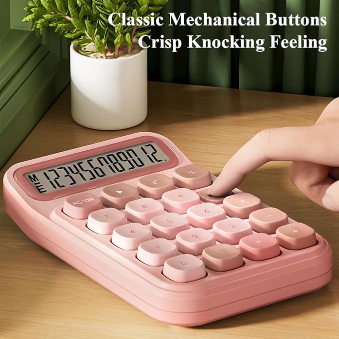 M&G Mechanical Switch Calculator, 12 Digits, Large LCD Display and Big Buttons, Cute Pink Desktop Calculator for Office, Home, School (Battery Included)