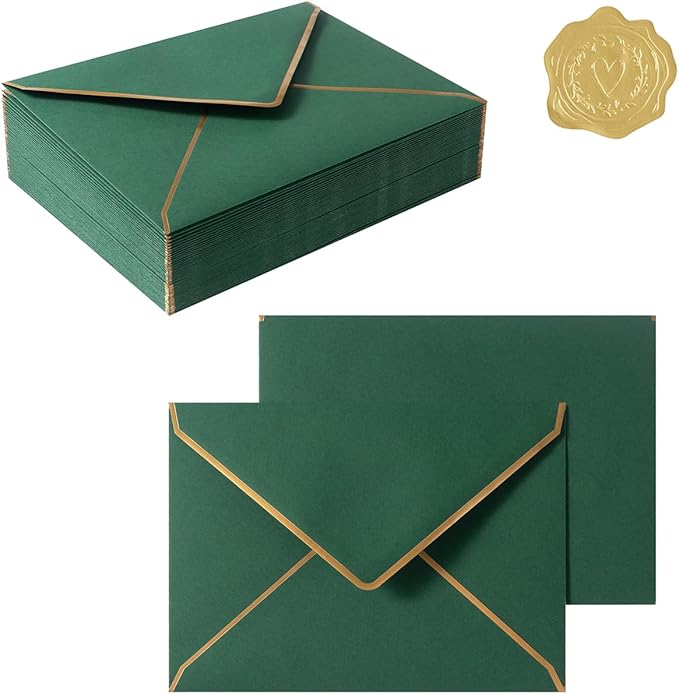 50 Pieces Dark Green A4 Envelopes with Gold Border, 4.25x6.25 Inches Envelopes with Gold Stickers for Greeting Cards and Invitation (A4-4x6)