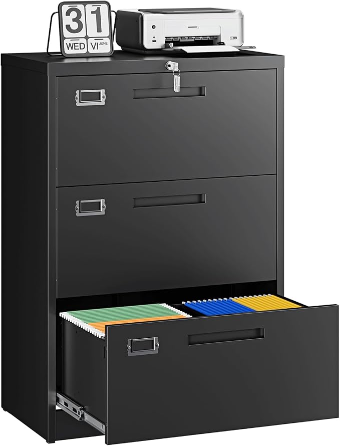 3 Drawer File Cabinets with Lock,Metal Lateral Filing Storage Cabinet Printer Stand,Black Steel Home Office Cabinet for Hanging Files Letter/Legal/A4 Size (Black, H39.84×W28.35×D15.74)