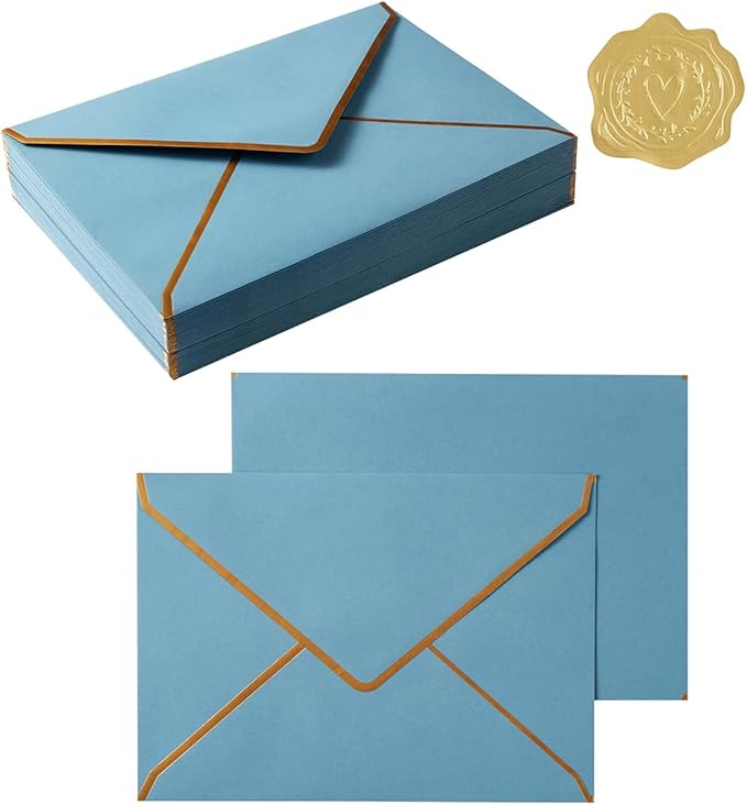 50 Pieces A7 Envelopes with Gold Border, 5.24 x 7.21 Inches Envelopes with Gold Stickers for Greeting Cards and Invitation (Dusty-Blue, A7-5x7)