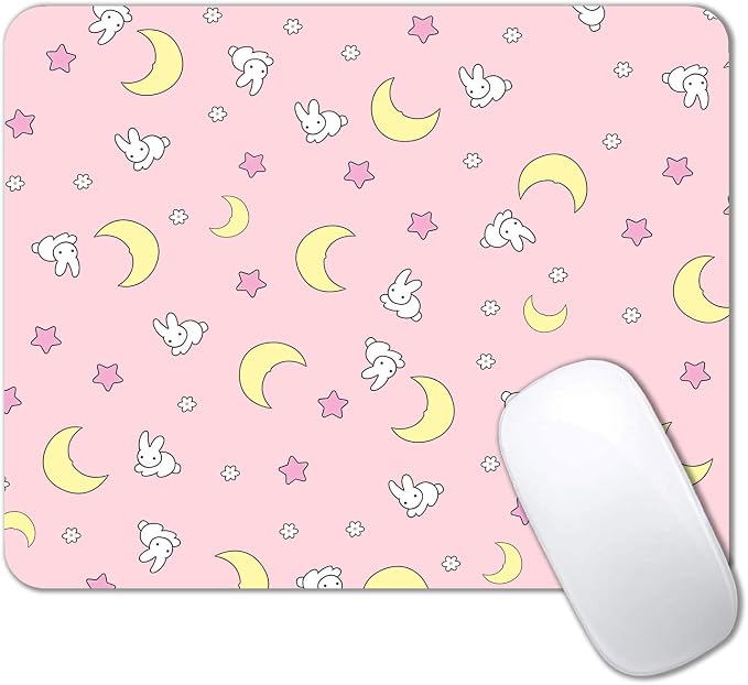 Pink Kawaii Mouse Pad, Cute Moon Bunny Small Mouse Mat，Aesthetic Anime Mousepad for Women Kids Office Home School, Computer PC Laptop Mice Pad, 9.5 x 7.9 Inch