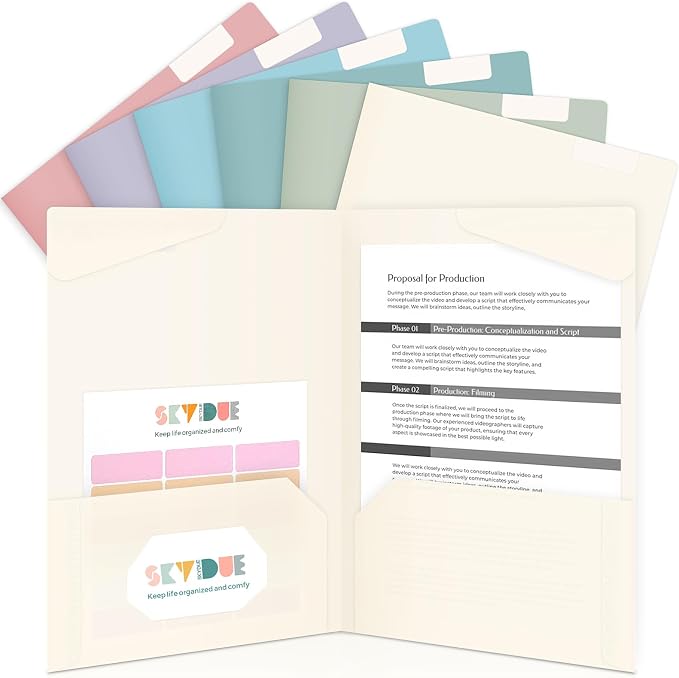 Folders with Pockets and Tabs, 6 Pack Plastic File Folders with 18 Labels, Letter Size School Folders with Pockets, Color-Coded Project Folders for School, Home and Office, Muted Tones Colors