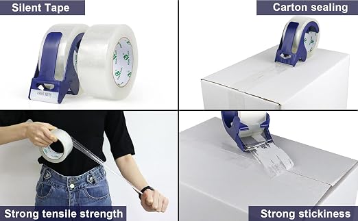 BOMEI PACK 2 Rolls Clear Noiseless Heavy Duty Packing Tape with Blue Dispenser, Packaging Tape 1.88 Inches x 110Yards, 2.4mil Industrial Shipping Tape for Moving Packaging Shipping, Office & Storage