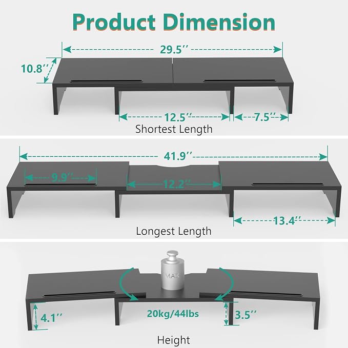 WALI Dual Monitor Stand Riser, 3 Shelf Laptop and Computer Monitor Stand with Phone Holder, Length and Angle Adjustable Desk Organizer (PTT007T-B), Black | 3 Shelf Laptop and Computer Monitor Stand, Length and Angle Adjustable Desk Organizer (PTT007T-B...