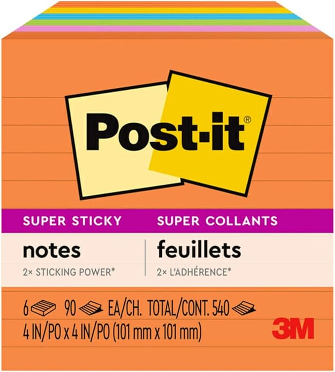 Post-it Super Sticky Lined Notes,6 Sticky Note Pads,4 x 4 in.,Ideal for Organization in Your Dorm,Home or Office,Energy Boost Collection,(Pack of 12)
