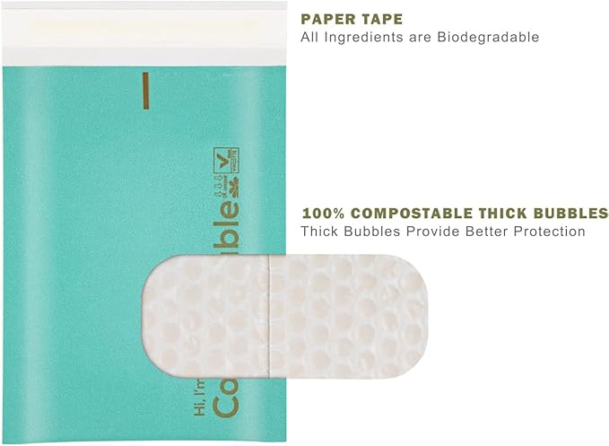 6x10 100% Biodegradable Bubble Mailers,25 Count Teal #0 Compostable Padded Packaging Wrap Envelopes Pouches Eco Friendly Self Seal Bags