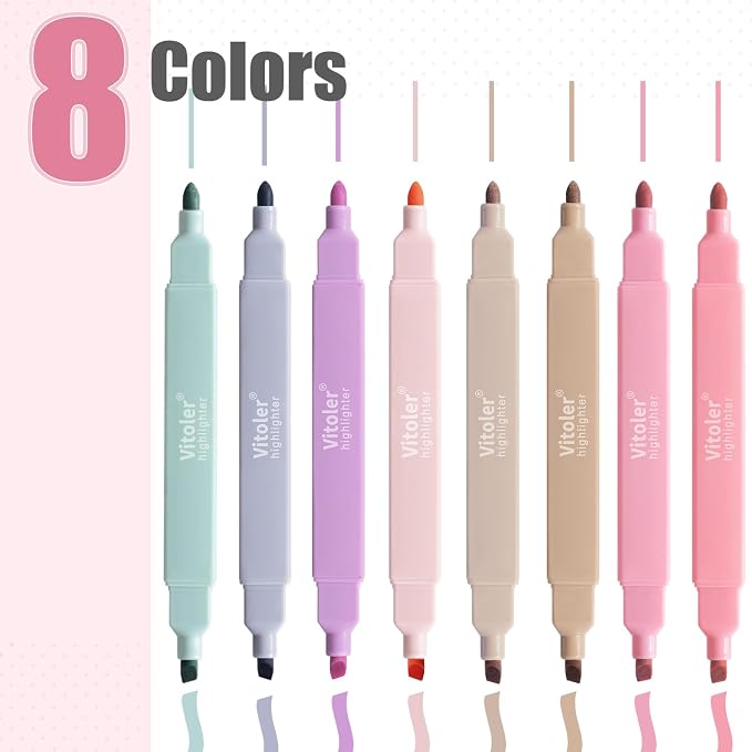 Vitoler Highlighters Assorted Colors, 8 Pack Dual Tip Pastel Highlighters | For teachers, For nurses, For women, For bibles, For markers, For writing, For journaling, For office, For School Supplies