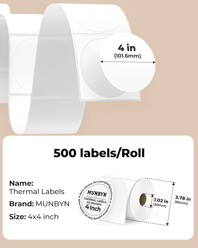 MUNBYN 4 Inch White Circle Thermal Labels for Business, 500 Sheets/1 Roll | Circle Thermal Labels, No BPA and BPS, Durable Adhesive, Print Clear and Sharp