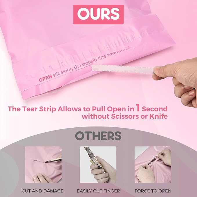 Fuxury Poly Mailers 12x15.5" 100PC Pink Shipping Bags for Clothing with Easy-Open Tear Strip & Easy-Store Hanging Holes, Strong Self-Seal Waterproof Shipping Envelopes Mailing Bags for Small Business