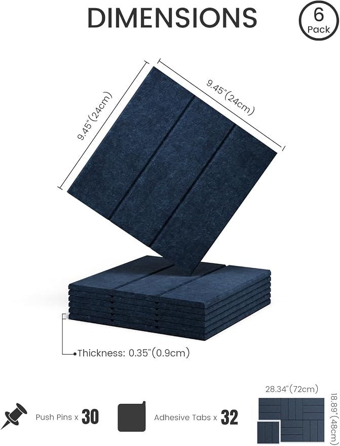 28" x 18" Cork Board Alternative, Wide Stripe, Carbon Blue | 6-Pack Felt Pin Board Tiles, 30 Adhesive Tabs, Custom Wall Layout, Photo Display, Memo Board, Office, Classroom, Dorm